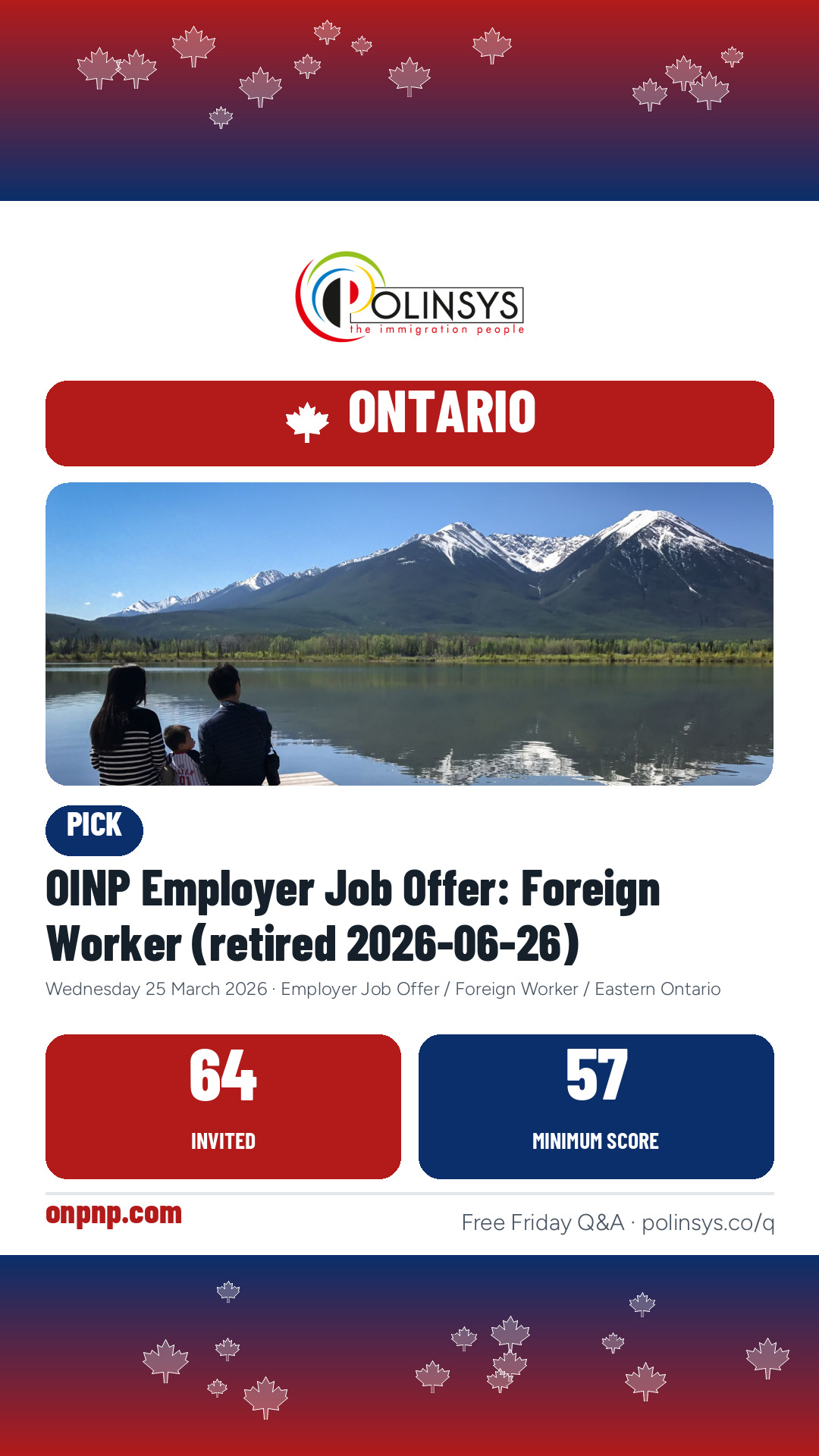 OINP Employer Job Offer: Foreign Worker (retired 2026-06-26) — 64 invitations, minimum score 57, 25 March 2026