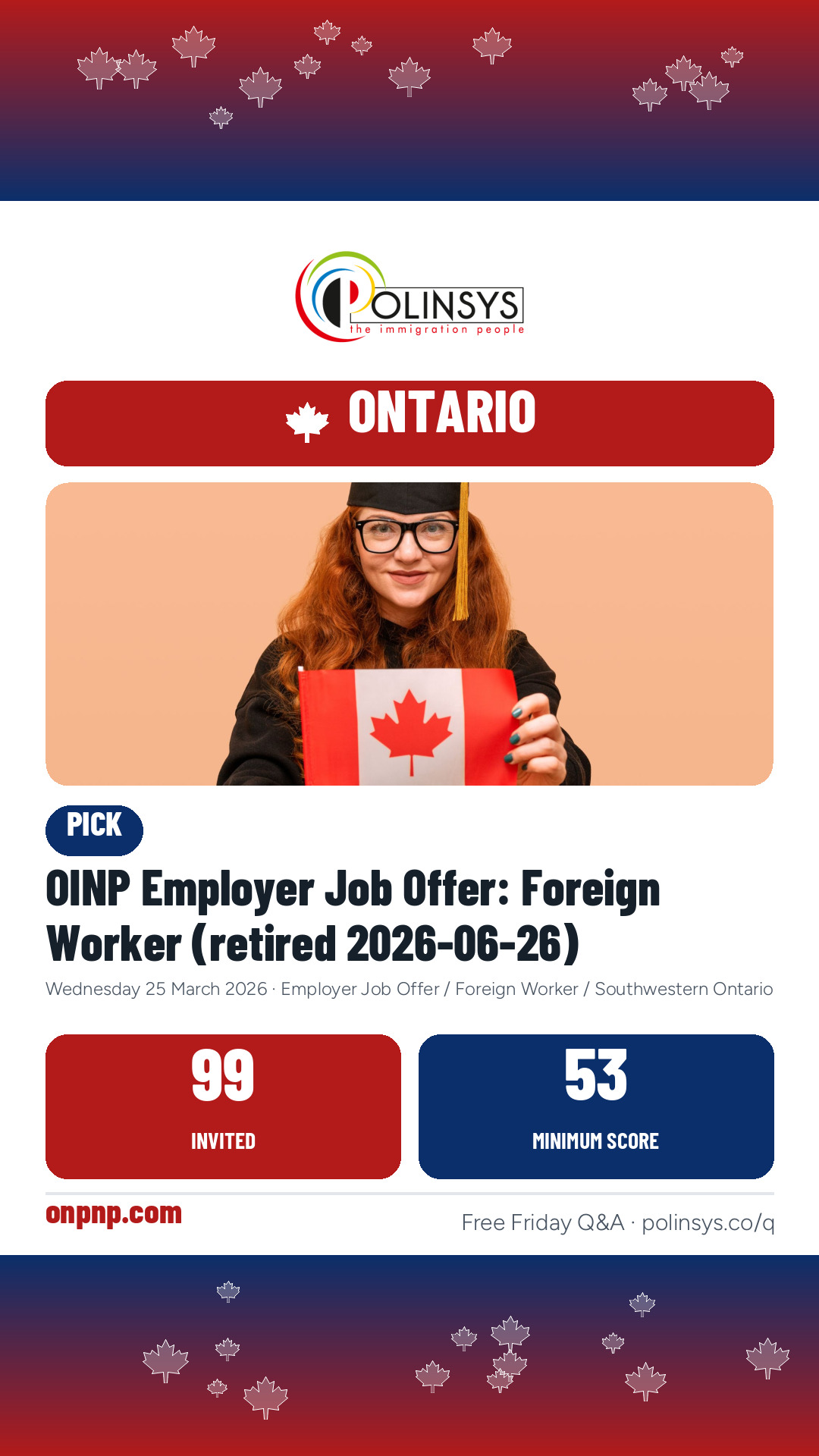 OINP Employer Job Offer: Foreign Worker (retired 2026-06-26) — 99 invitations, minimum score 53, 25 March 2026