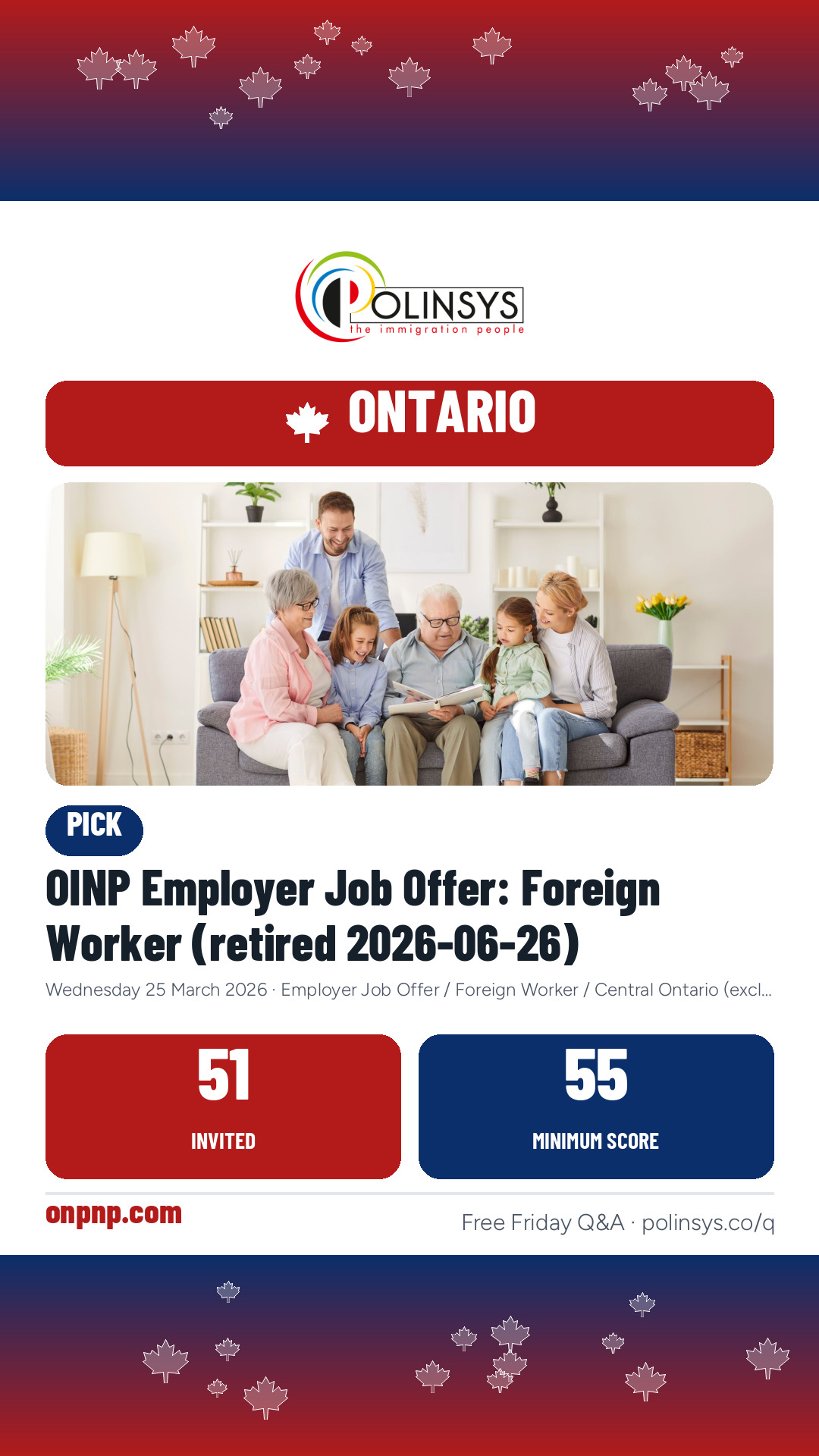 OINP Employer Job Offer: Foreign Worker (retired 2026-06-26) — 51 invitations, minimum score 55, 25 March 2026