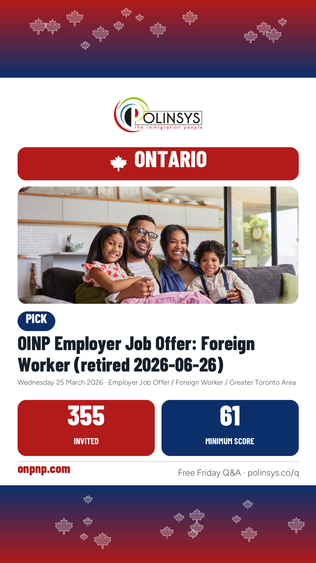 OINP Employer Job Offer: Foreign Worker (retired 2026-06-26) — 355 invitations, minimum score 61, 25 March 2026