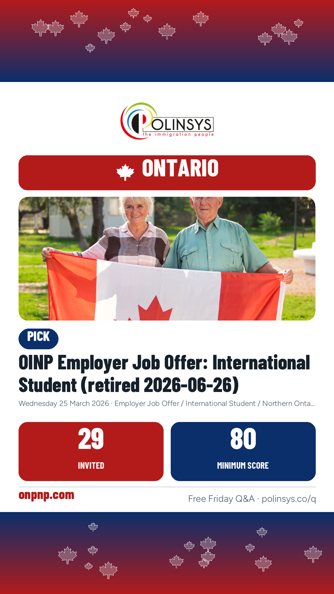 OINP Employer Job Offer: International Student (retired 2026-06-26) — 29 invitations, minimum score 80, 25 March 2026