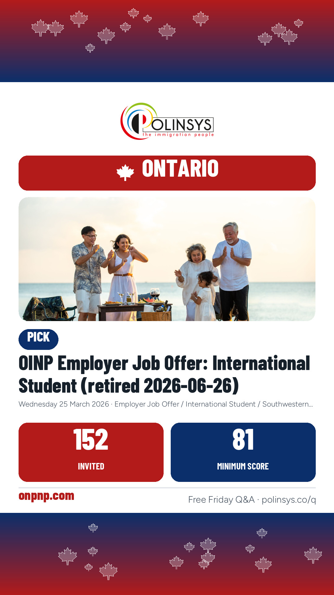 OINP Employer Job Offer: International Student (retired 2026-06-26) — 152 invitations, minimum score 81, 25 March 2026
