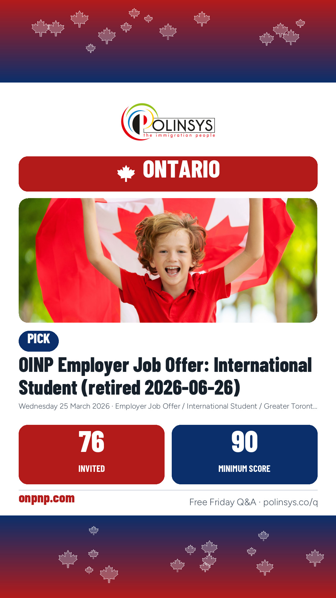 OINP Employer Job Offer: International Student (retired 2026-06-26) — 76 invitations, minimum score 90, 25 March 2026