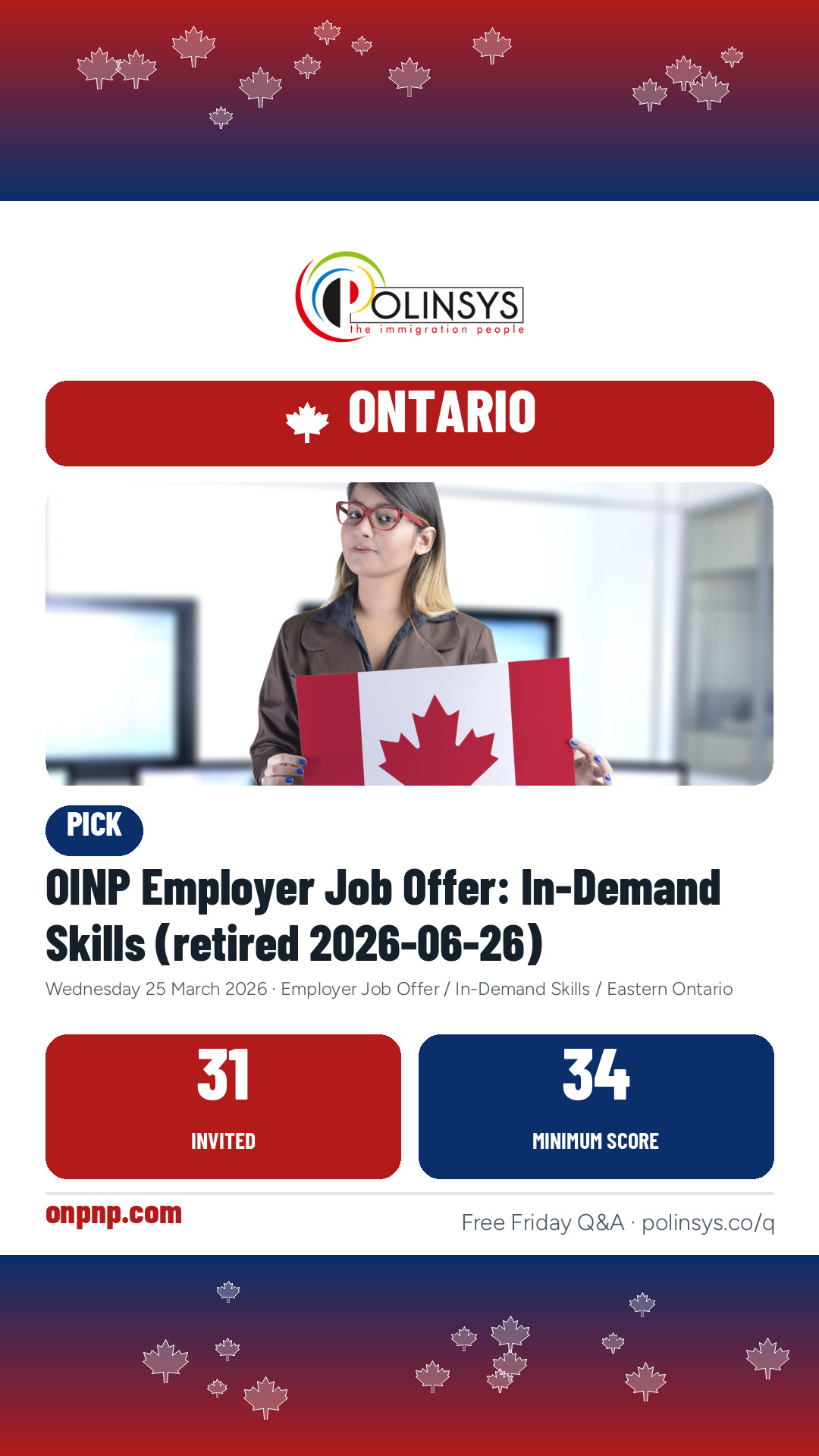 OINP Employer Job Offer: In-Demand Skills (retired 2026-06-26) — 31 invitations, minimum score 34, 25 March 2026