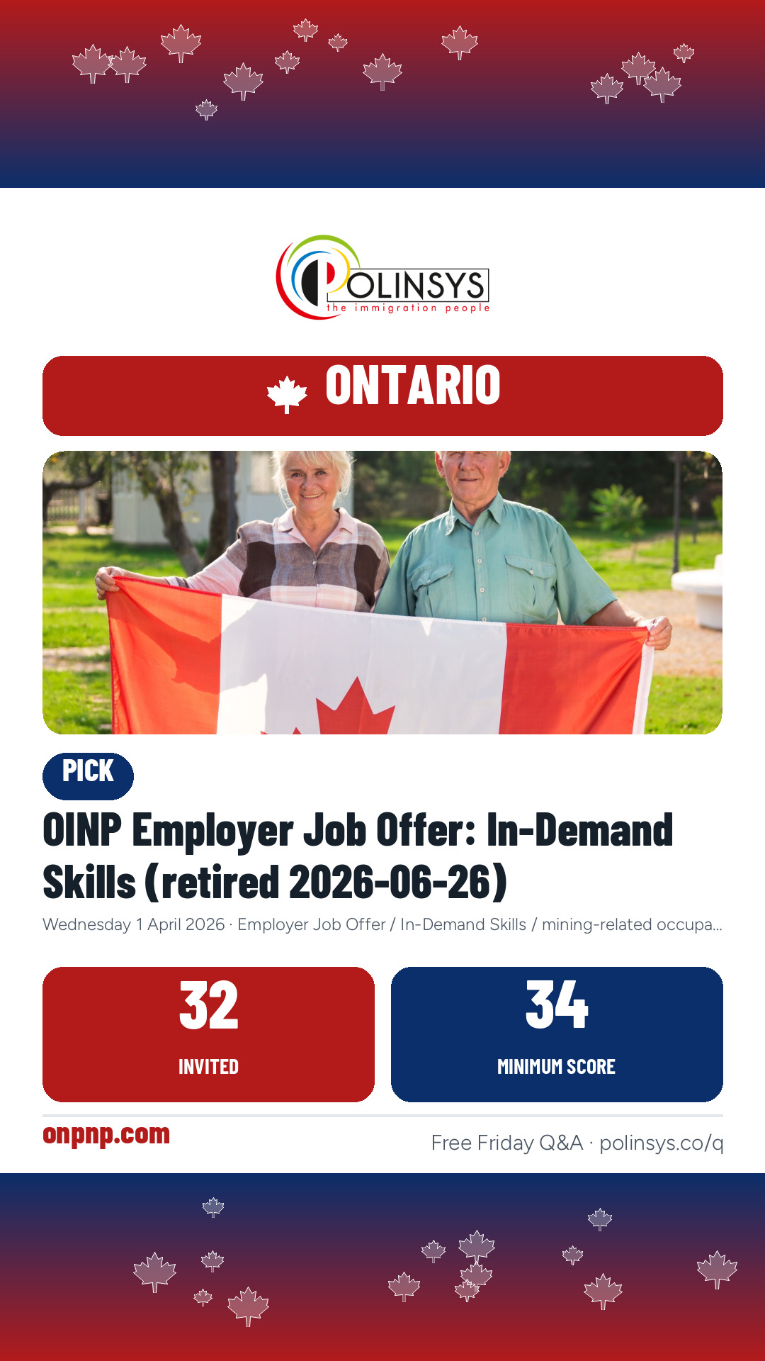 OINP Employer Job Offer: In-Demand Skills (retired 2026-06-26) — 32 invitations, minimum score 34, 1 April 2026