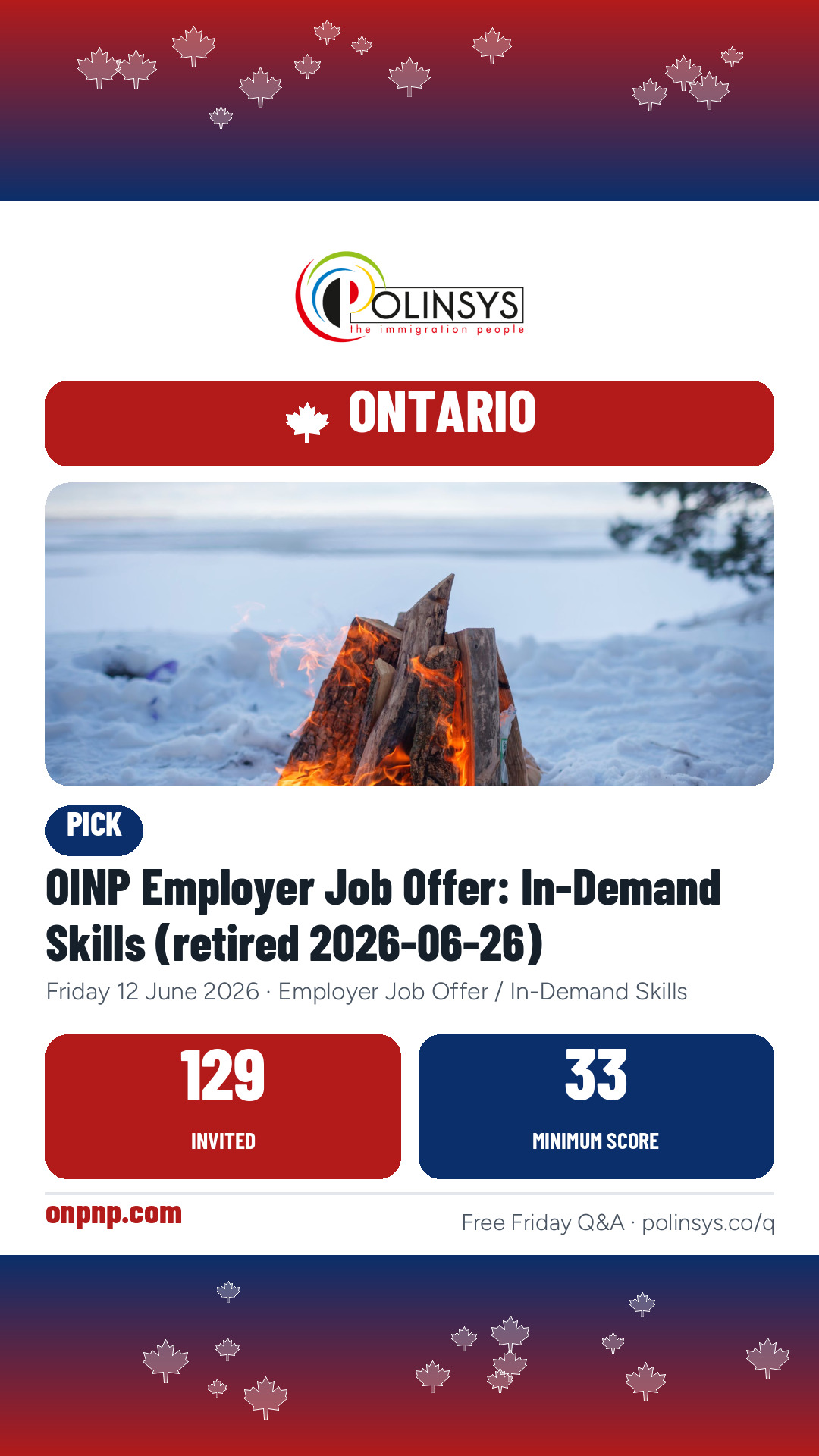 OINP Employer Job Offer: In-Demand Skills (retired 2026-06-26) — 129 invitations, minimum score 33, 12 June 2026